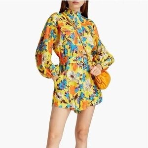 Zimmermann Estelle Belted Floral Print Linen Playsuit Romper 2
